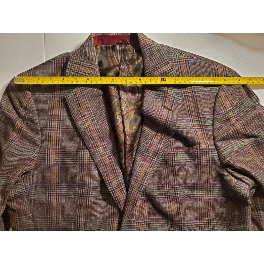 ETRO Mens Blazer 48 Suit Jacket 100% WOOL Plaid Made‎ In Italy Brown Silk Lined